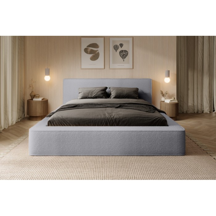 Lit coffre DENALI – Gris perle bouclé – 140x200 cm – Tissu velours doux – Sommier relevable – Rangement intégré 