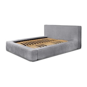 Lit coffre DENALI – Gris perle bouclé – 160x200 cm – Tissu velours doux – Sommier relevable – Rangement intégré 