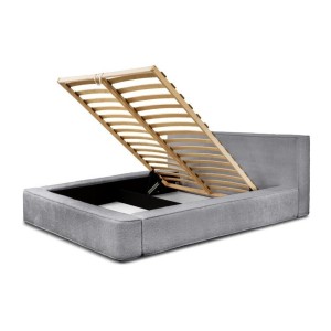 Lit coffre DENALI – Gris perle bouclé – 160x200 cm – Tissu velours doux – Sommier relevable – Rangement intégré 