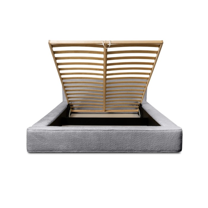 Lit coffre DENALI – Gris perle bouclé – 160x200 cm – Tissu velours doux – Sommier relevable – Rangement intégré 