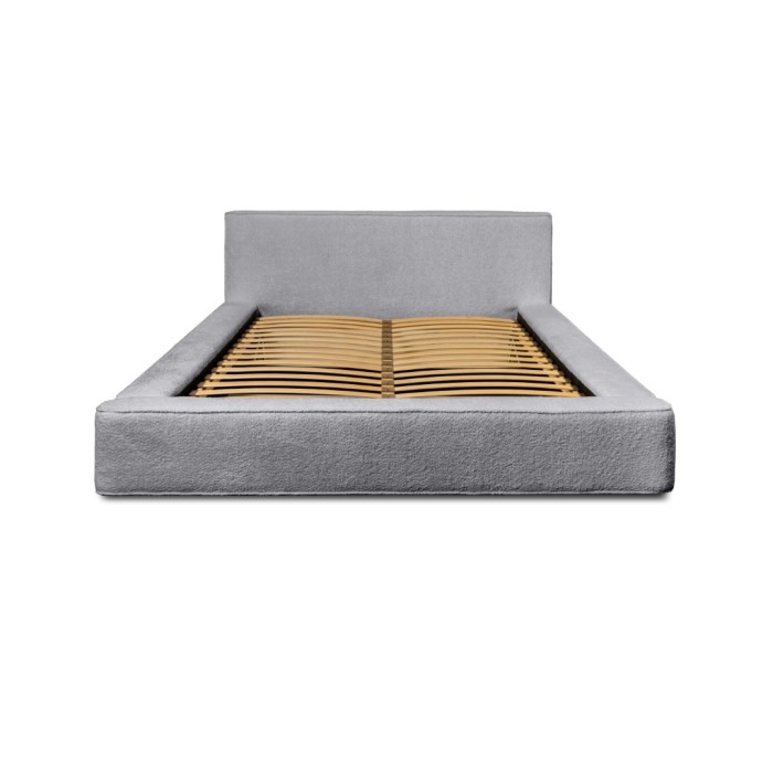 Lit coffre DENALI – Gris perle bouclé – 180x200 cm – Tissu velours doux – Sommier relevable – Rangement intégré 