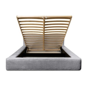 Lit coffre DENALI – Gris perle bouclé – 180x200 cm – Tissu velours doux – Sommier relevable – Rangement intégré 