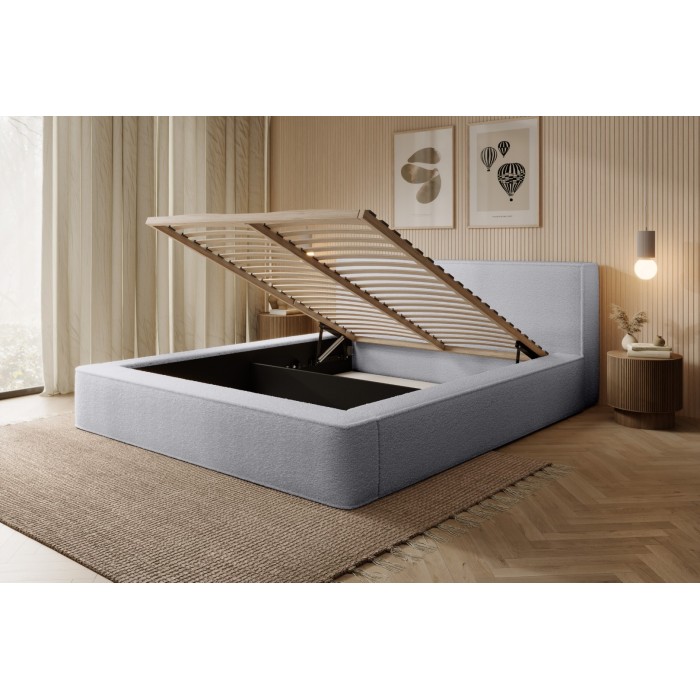 Lit coffre DENALI – Gris perle bouclé – 180x200 cm – Tissu velours doux – Sommier relevable – Rangement intégré 