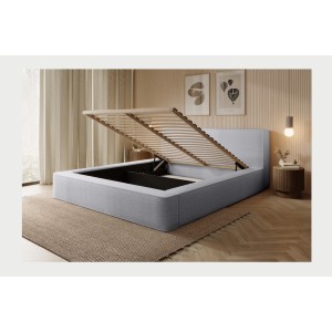 Lit coffre DENALI – Gris perle bouclé – 180x200 cm – Tissu velours doux – Sommier relevable – Rangement intégré 