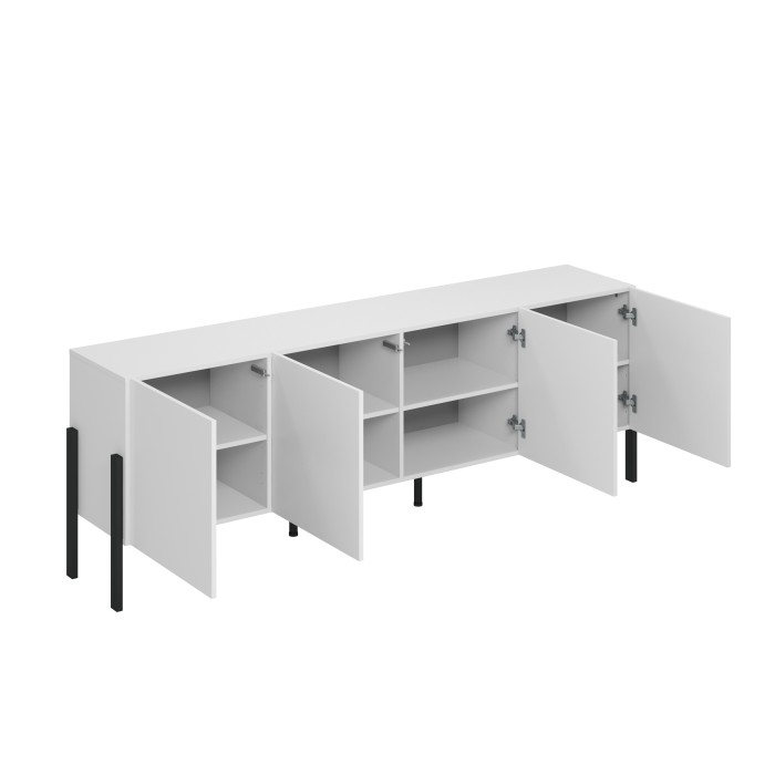 Buffet SALMA – 4 portes Push-to-Open – Blanc super mat & noir mat, 204×70×40 cm