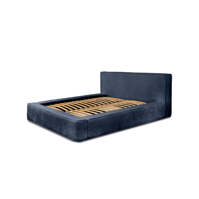 Lit coffre DENALI – Bleu acier bouclé – 180x200 cm – Tissu velours doux – Sommier relevable – Rangement intégré 