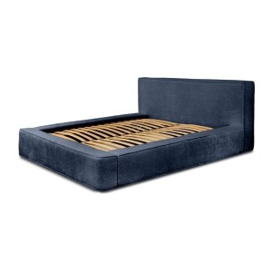 Lit coffre DENALI – Bleu acier bouclé – 180x200 cm – Tissu velours doux – Sommier relevable – Rangement intégré 