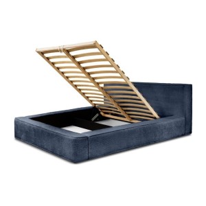 Lit coffre DENALI – Bleu acier bouclé – 180x200 cm – Tissu velours doux – Sommier relevable – Rangement intégré 
