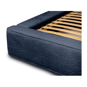 Lit coffre DENALI – Bleu acier bouclé – 180x200 cm – Tissu velours doux – Sommier relevable – Rangement intégré 