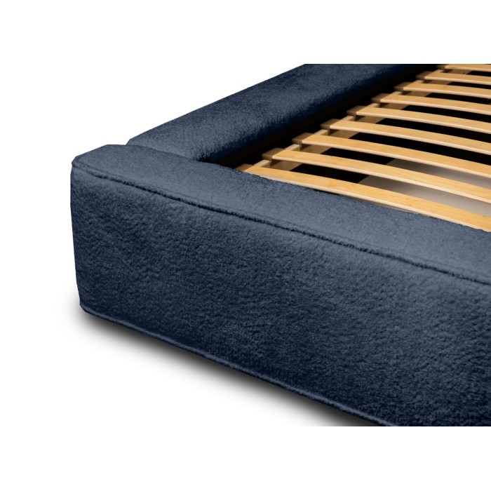 Lit coffre DENALI – Bleu acier bouclé – 160x200 cm – Tissu velours doux – Sommier relevable – Rangement intégré 