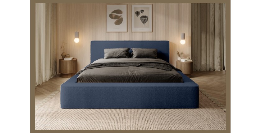 Lit coffre DENALI – Bleu acier bouclé – 160x200 cm – Tissu velours doux – Sommier relevable – Rangement intégré