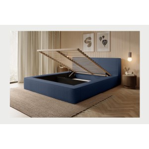 Lit coffre DENALI – Bleu acier bouclé – 160x200 cm – Tissu velours doux – Sommier relevable – Rangement intégré 