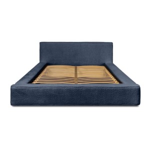 Lit coffre DENALI – Bleu acier bouclé – 140x200 cm – Tissu velours doux – Sommier relevable – Rangement intégré 