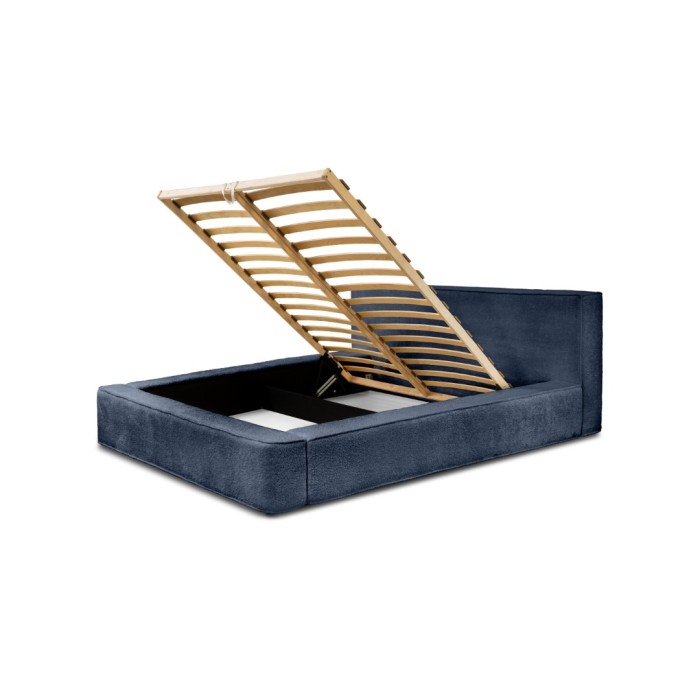 Lit coffre DENALI – Bleu acier bouclé – 140x200 cm – Tissu velours doux – Sommier relevable – Rangement intégré 