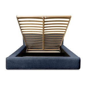 Lit coffre DENALI – Bleu acier bouclé – 140x200 cm – Tissu velours doux – Sommier relevable – Rangement intégré 
