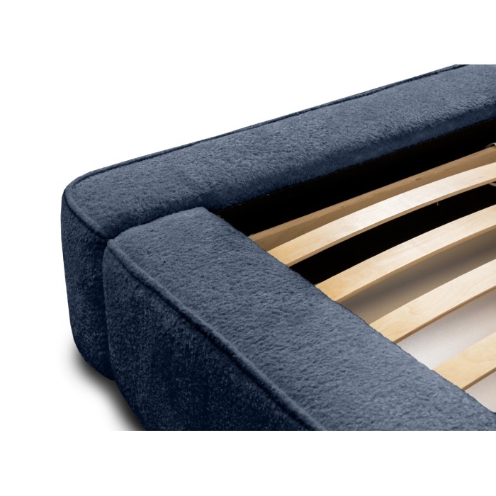 Lit coffre DENALI – Bleu acier bouclé – 140x200 cm – Tissu velours doux – Sommier relevable – Rangement intégré 