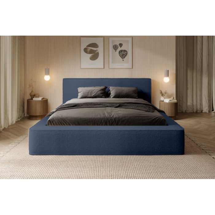 Lit coffre DENALI – Bleu acier bouclé – 140x200 cm – Tissu velours doux – Sommier relevable – Rangement intégré