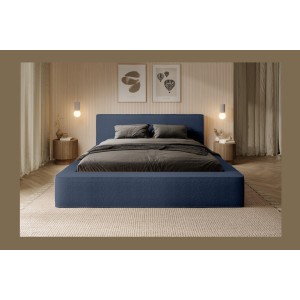 Lit coffre DENALI – Bleu acier bouclé – 140x200 cm – Tissu velours doux – Sommier relevable – Rangement intégré