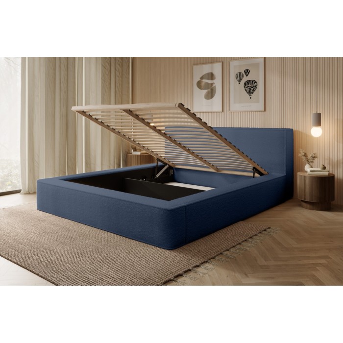 Lit coffre DENALI – Bleu acier bouclé – 140x200 cm – Tissu velours doux – Sommier relevable – Rangement intégré 