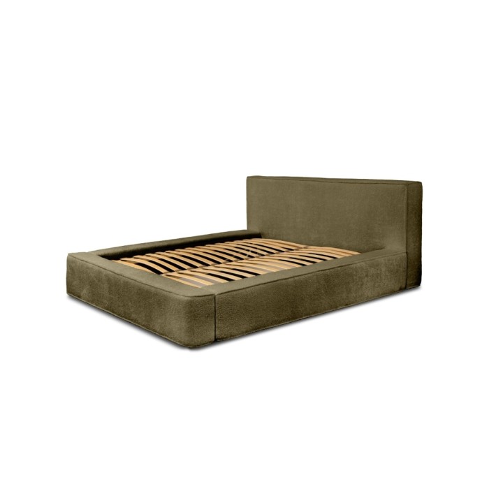 Lit coffre DENALI – Olive bouclé – 180x200 cm – Tissu velours doux – Sommier relevable – Rangement intégré 