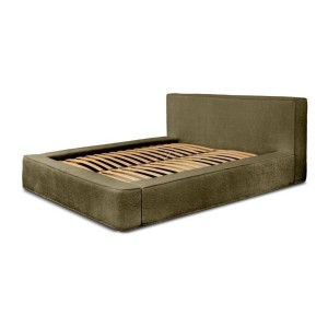 Lit coffre DENALI – Olive bouclé – 180x200 cm – Tissu velours doux – Sommier relevable – Rangement intégré 