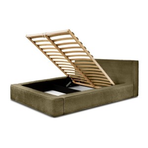 Lit coffre DENALI – Olive bouclé – 180x200 cm – Tissu velours doux – Sommier relevable – Rangement intégré 