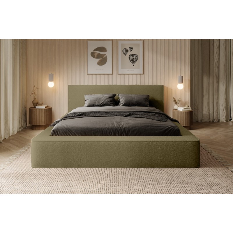 Lit coffre DENALI – Olive bouclé – 180x200 cm – Tissu velours doux – Sommier relevable – Rangement intégré