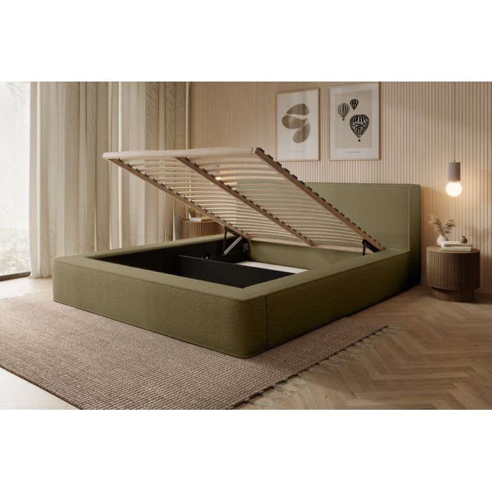 Lit coffre DENALI – Olive bouclé – 180x200 cm – Tissu velours doux – Sommier relevable – Rangement intégré 