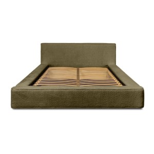 Lit coffre DENALI – Olive bouclé – 160x200 cm – Tissu velours doux – Sommier relevable – Rangement intégré 