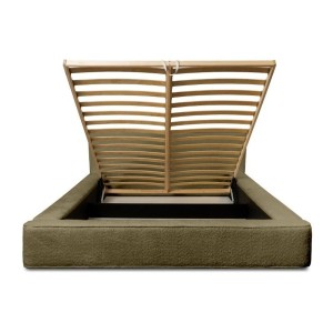 Lit coffre DENALI – Olive bouclé – 160x200 cm – Tissu velours doux – Sommier relevable – Rangement intégré 