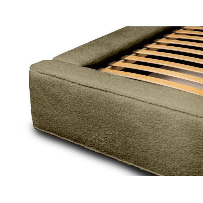 Lit coffre DENALI – Olive bouclé – 160x200 cm – Tissu velours doux – Sommier relevable – Rangement intégré 