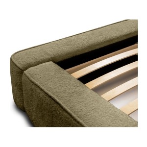 Lit coffre DENALI – Olive bouclé – 160x200 cm – Tissu velours doux – Sommier relevable – Rangement intégré 