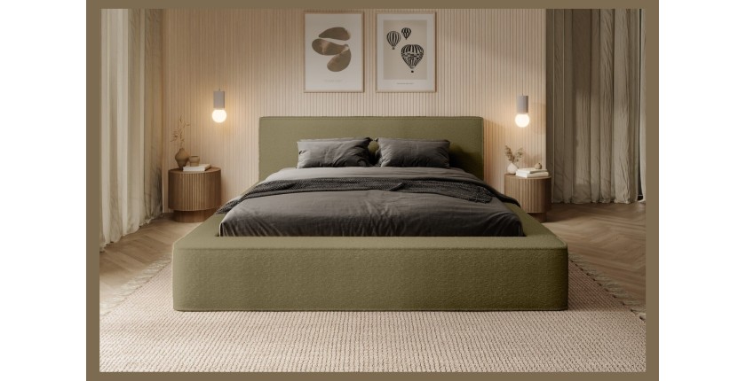Lit coffre DENALI – Olive bouclé – 160x200 cm – Tissu velours doux – Sommier relevable – Rangement intégré