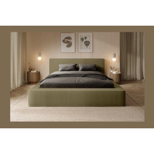 Lit coffre DENALI – Olive bouclé – 160x200 cm – Tissu velours doux – Sommier relevable – Rangement intégré