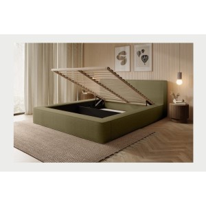 Lit coffre DENALI – Olive bouclé – 160x200 cm – Tissu velours doux – Sommier relevable – Rangement intégré 
