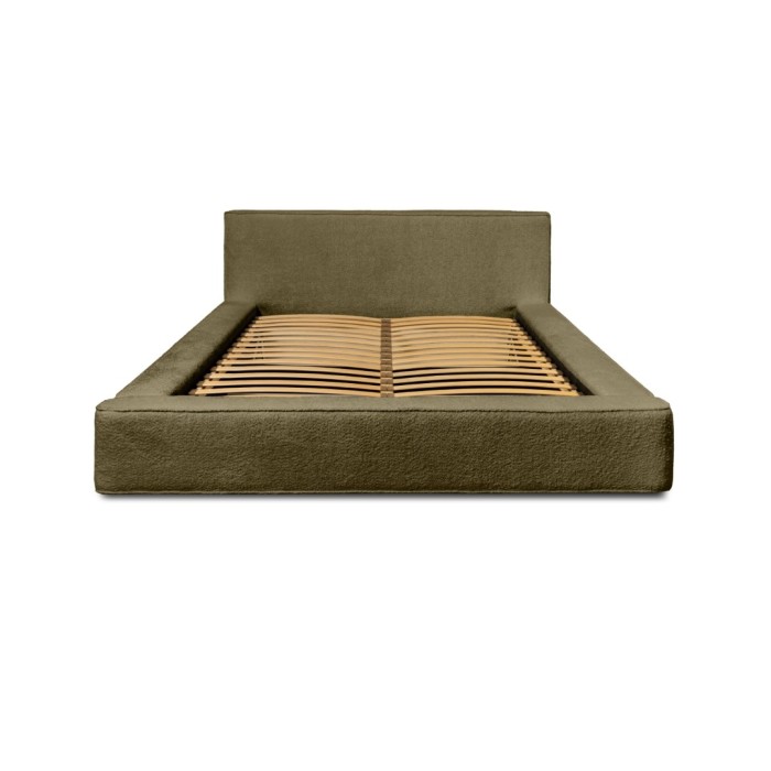 Lit coffre DENALI – Olive bouclé – 140x200 cm – Tissu velours doux – Sommier relevable – Rangement intégré 