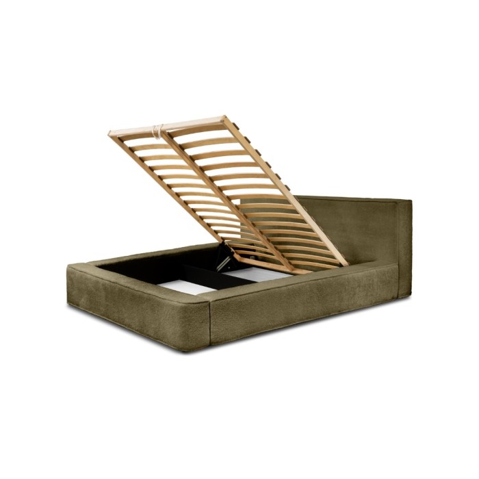 Lit coffre DENALI – Olive bouclé – 140x200 cm – Tissu velours doux – Sommier relevable – Rangement intégré 