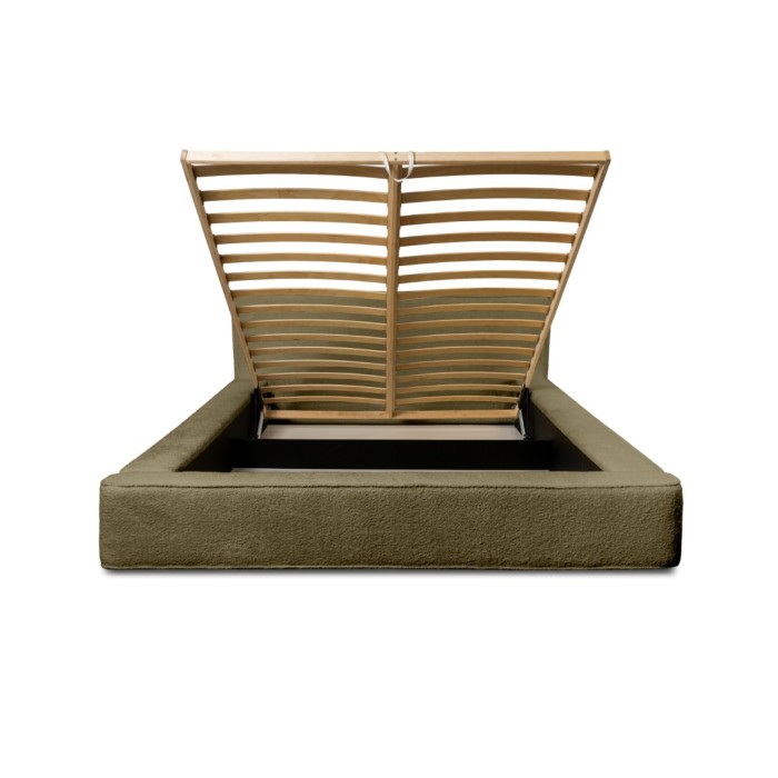 Lit coffre DENALI – Olive bouclé – 140x200 cm – Tissu velours doux – Sommier relevable – Rangement intégré 