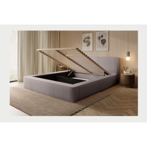 Lit coffre DENALI – Taupe rosé bouclé – 180x200 cm – Tissu velours doux – Sommier relevable – Rangement intégré 