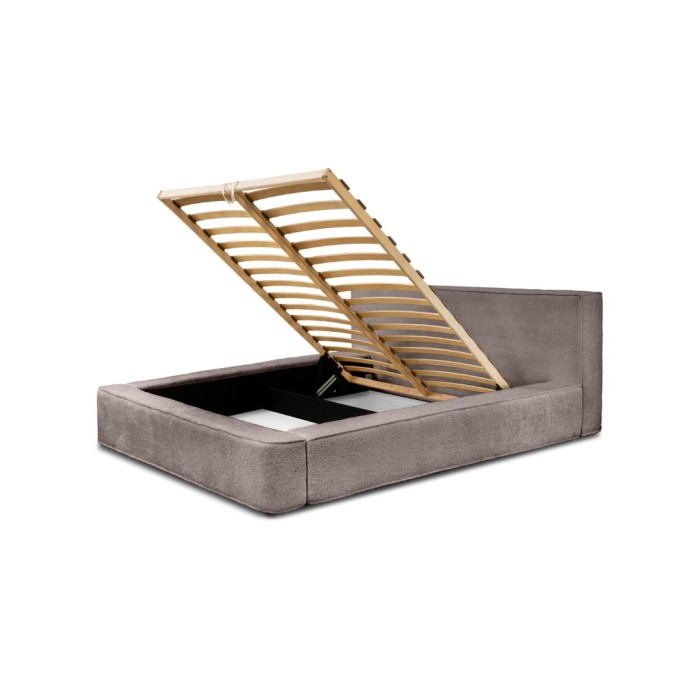 Lit coffre DENALI – Taupe rosé bouclé – 160x200 cm – Tissu velours doux – Sommier relevable – Rangement intégré 