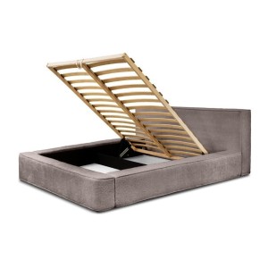 Lit coffre DENALI – Taupe rosé bouclé – 160x200 cm – Tissu velours doux – Sommier relevable – Rangement intégré 