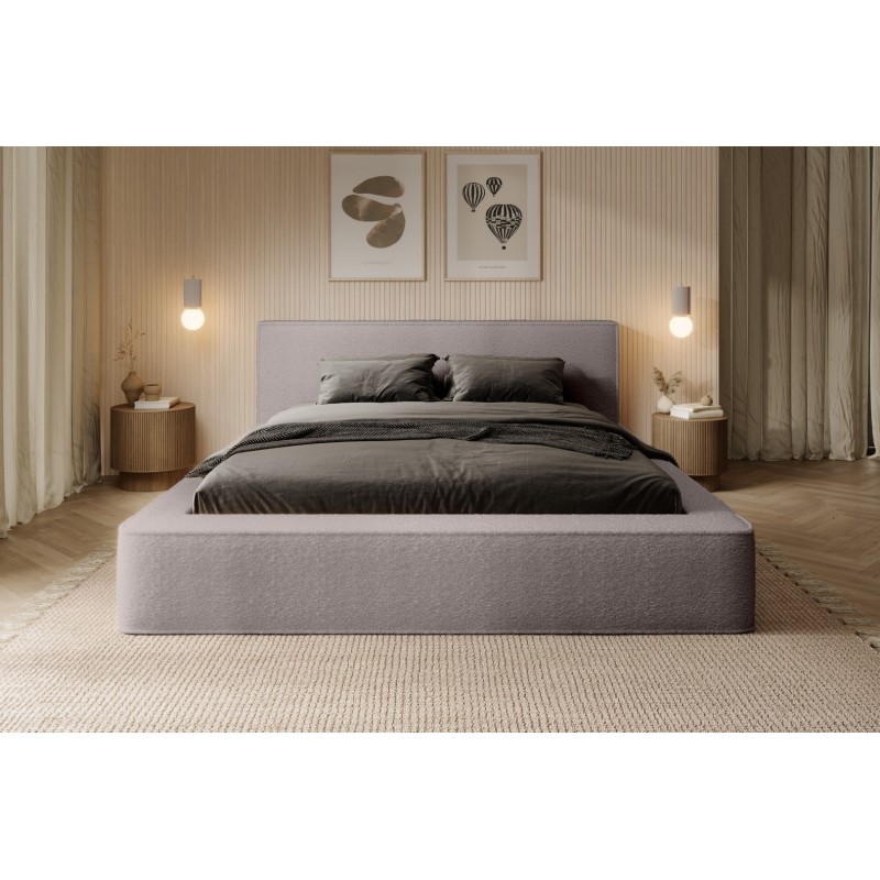 Lit coffre DENALI – Taupe rosé bouclé – 140x200 cm – Tissu velours doux – Sommier relevable – Rangement intégré