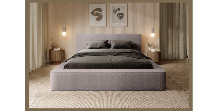 Lit coffre DENALI – Taupe rosé bouclé – 140x200 cm – Tissu velours doux – Sommier relevable – Rangement intégré