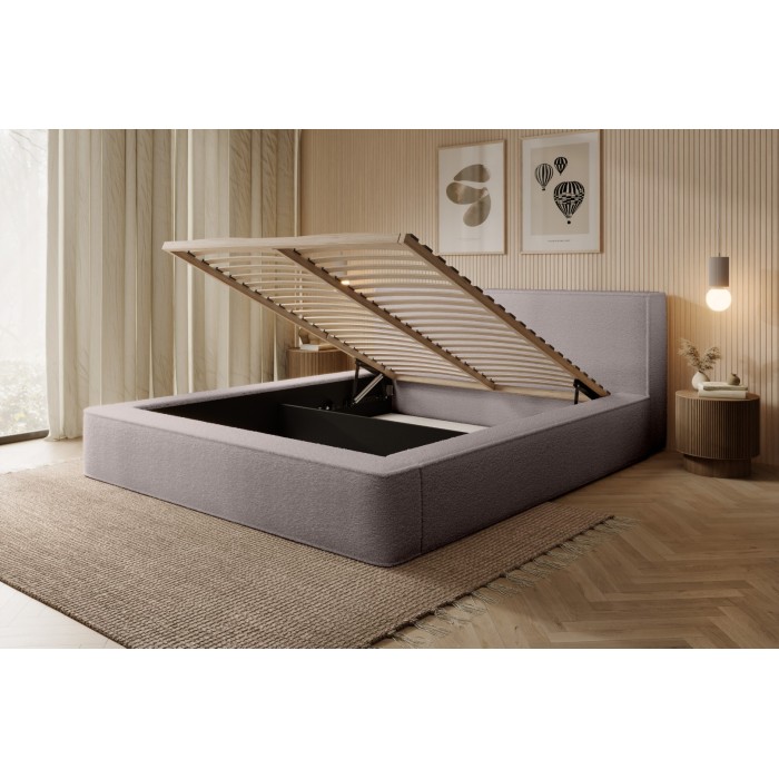 Lit coffre DENALI – Taupe rosé bouclé – 140x200 cm – Tissu velours doux – Sommier relevable – Rangement intégré 