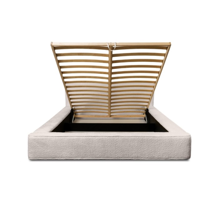 Lit coffre DENALI – Beige poudré bouclé – 180x200 cm – Tissu velours doux – Sommier relevable – Rangement intégré 