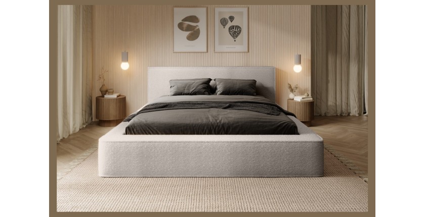 Lit coffre DENALI – Beige poudré bouclé – 180x200 cm – Tissu velours doux – Sommier relevable – Rangement intégré