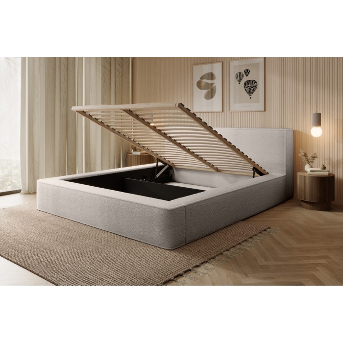 Lit coffre DENALI – Beige poudré bouclé – 180x200 cm – Tissu velours doux – Sommier relevable – Rangement intégré 