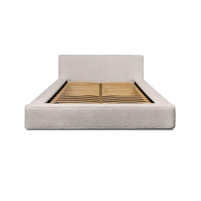 Lit coffre DENALI – Beige poudré bouclé – 160x200 cm – Tissu velours doux – Sommier relevable – Rangement intégré 