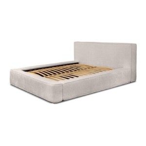 Lit coffre DENALI – Beige poudré bouclé – 140x200 cm – Tissu velours doux – Sommier relevable – Rangement intégré 