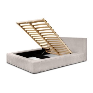 Lit coffre DENALI – Beige poudré bouclé – 140x200 cm – Tissu velours doux – Sommier relevable – Rangement intégré 